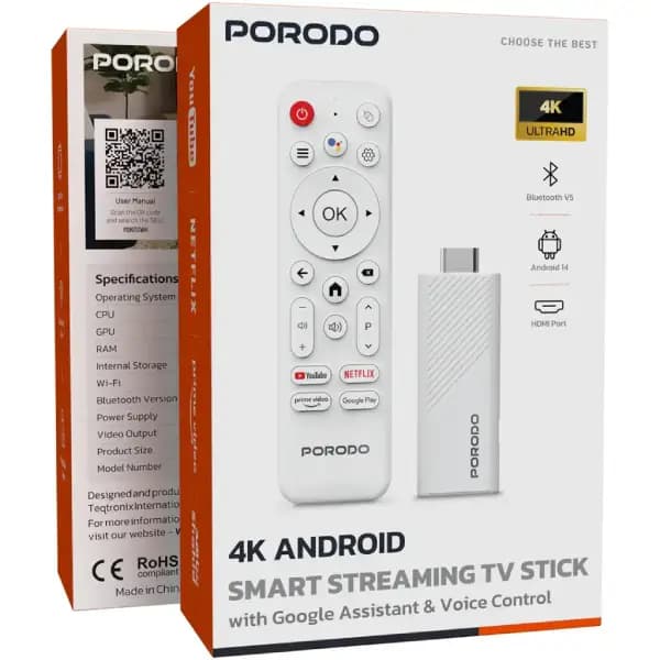 اندروید باکس 4K اندرویدی با دستیار گوگل و کنترل صوتی پرودو مدل Porodo 4K Android Smart Streaming TV Stick — تصویر ۳