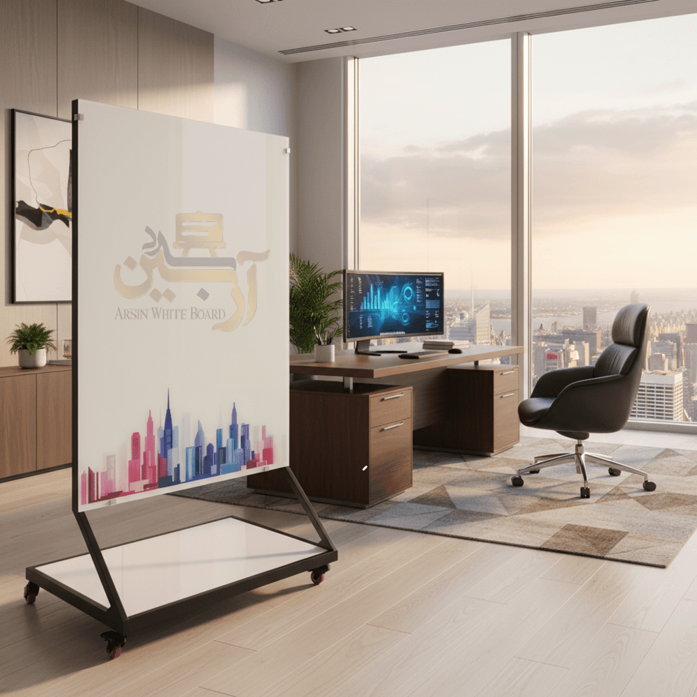 تخته وایت برد شیشه ای پرتابل 150×90 مدل آرسین برد
