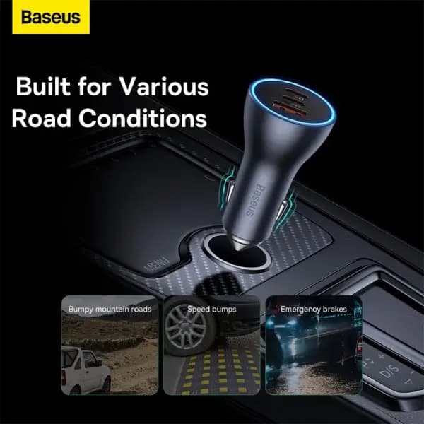 شارژر فندکی 65 وات بیسوس مدل Baseus Golden Contactor Pro Triple Fast Charger Car Charger 65W U+C+C CGJP010013 — تصویر ۶