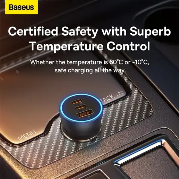 شارژر فندکی 65 وات بیسوس مدل Baseus Golden Contactor Pro Triple Fast Charger Car Charger 65W U+C+C CGJP010013 — تصویر ۴