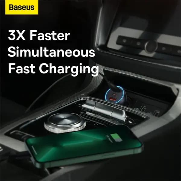 شارژر فندکی 65 وات بیسوس مدل Baseus Golden Contactor Pro Triple Fast Charger Car Charger 65W U+C+C CGJP010013 — تصویر ۷