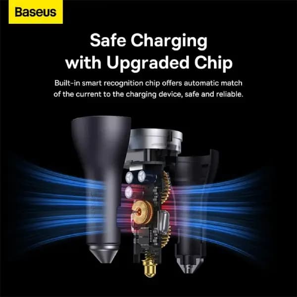 شارژر فندکی 65 وات بیسوس مدل Baseus Golden Contactor Pro Triple Fast Charger Car Charger 65W U+C+C CGJP010013 — تصویر ۵