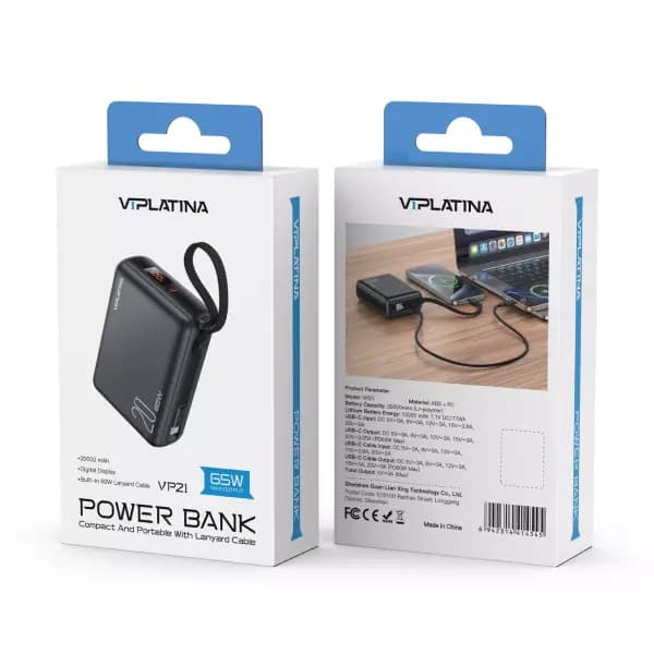 پاوربانک فست‌شارژ ۶۵ وات 20000 هزار به همراه کابل متصل Type-C وی آی پلاتینا مدل VIPLATINA VP21 — تصویر ۲