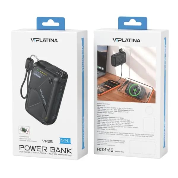 پاوربانک و شارژر دیواری 20000 هزار 5 در 1 وی آی پلاتینا مدل VIPLATINA VP25 — تصویر ۲