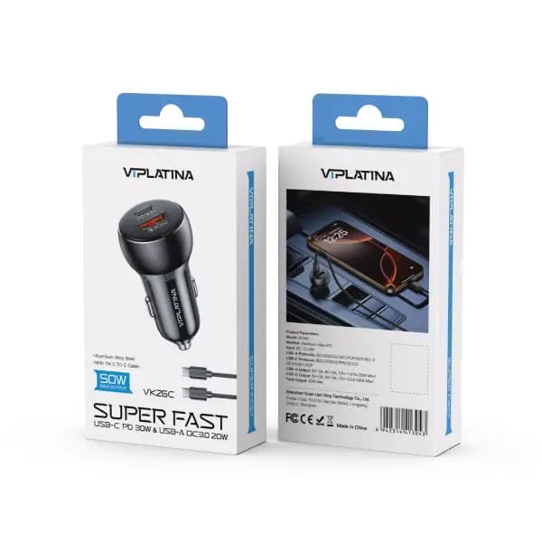 شارژر فندکی فست‌شارژ ۵۰ وات به همراه کابل Type-C به Type-C وی آی پلاتینا مدل VIPLATINA VK26C — تصویر ۲