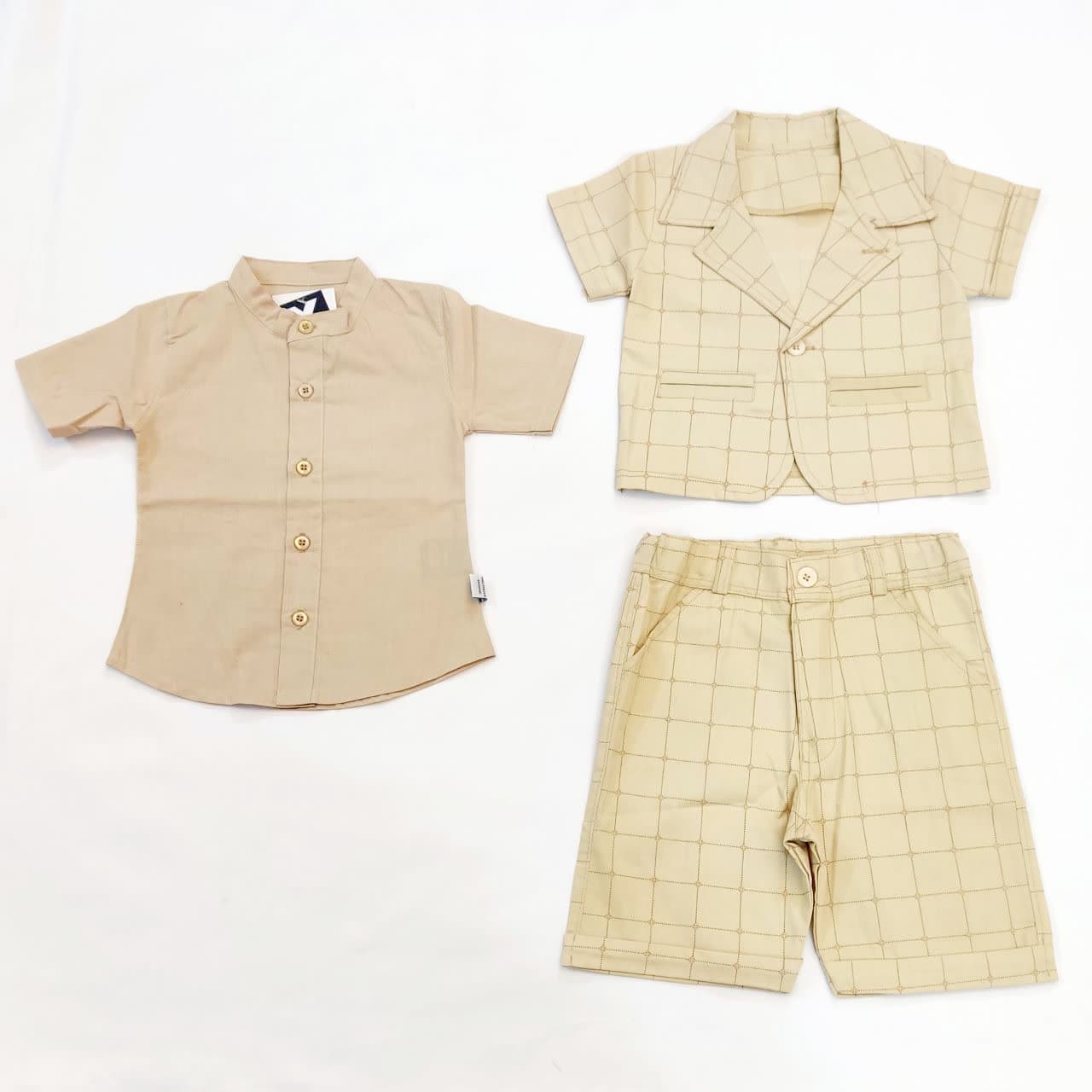 ست سه تکه تابستانی کتان پسرانه(کت+پیراهن+شلوارک)سایز 1تا2 سال