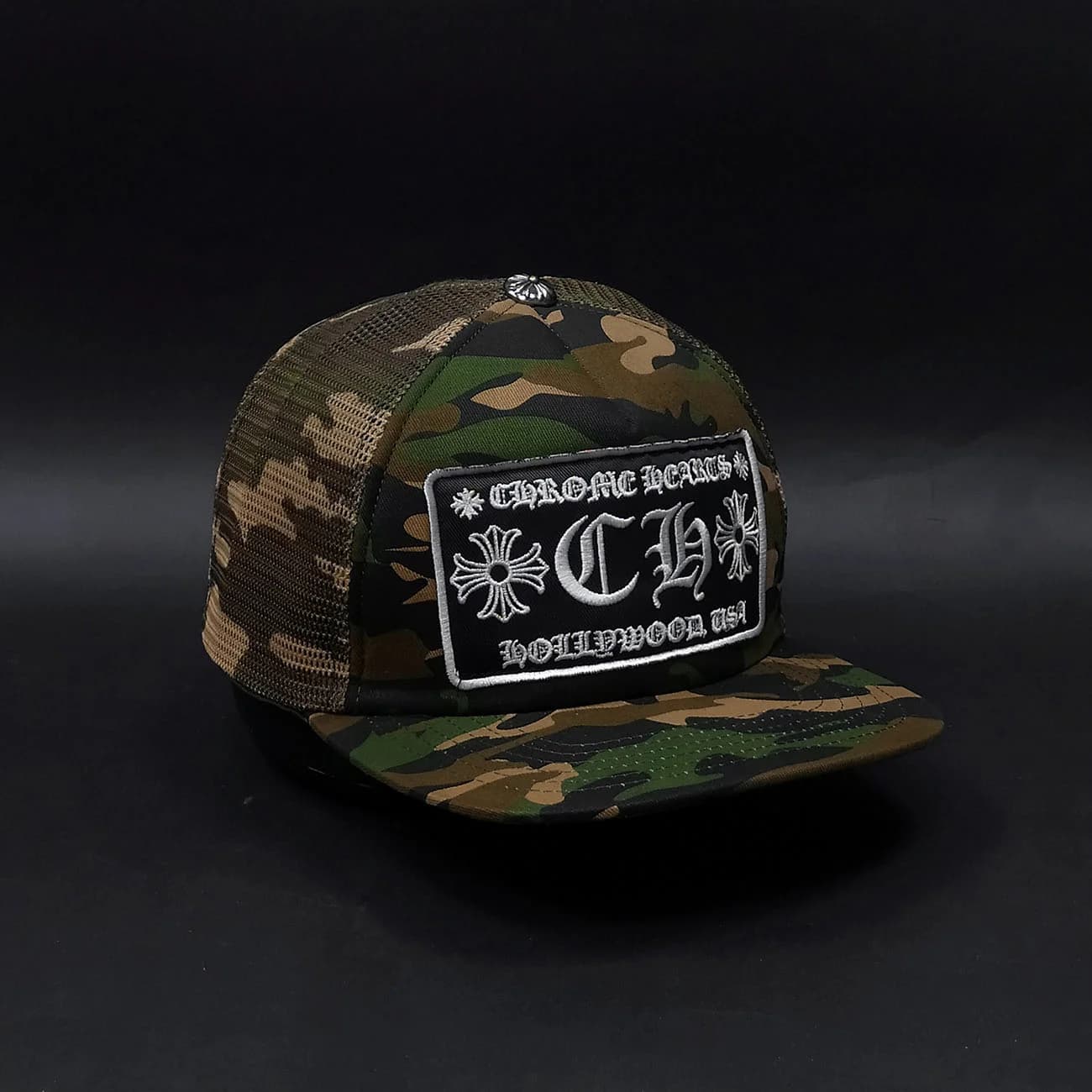 کلاه کپ اسنپ بک تراکر کروم هارتز طرح چریکی Camo Hollywood USA | کپ پشت توری با پچ گلدوزی CH — تصویر ۲