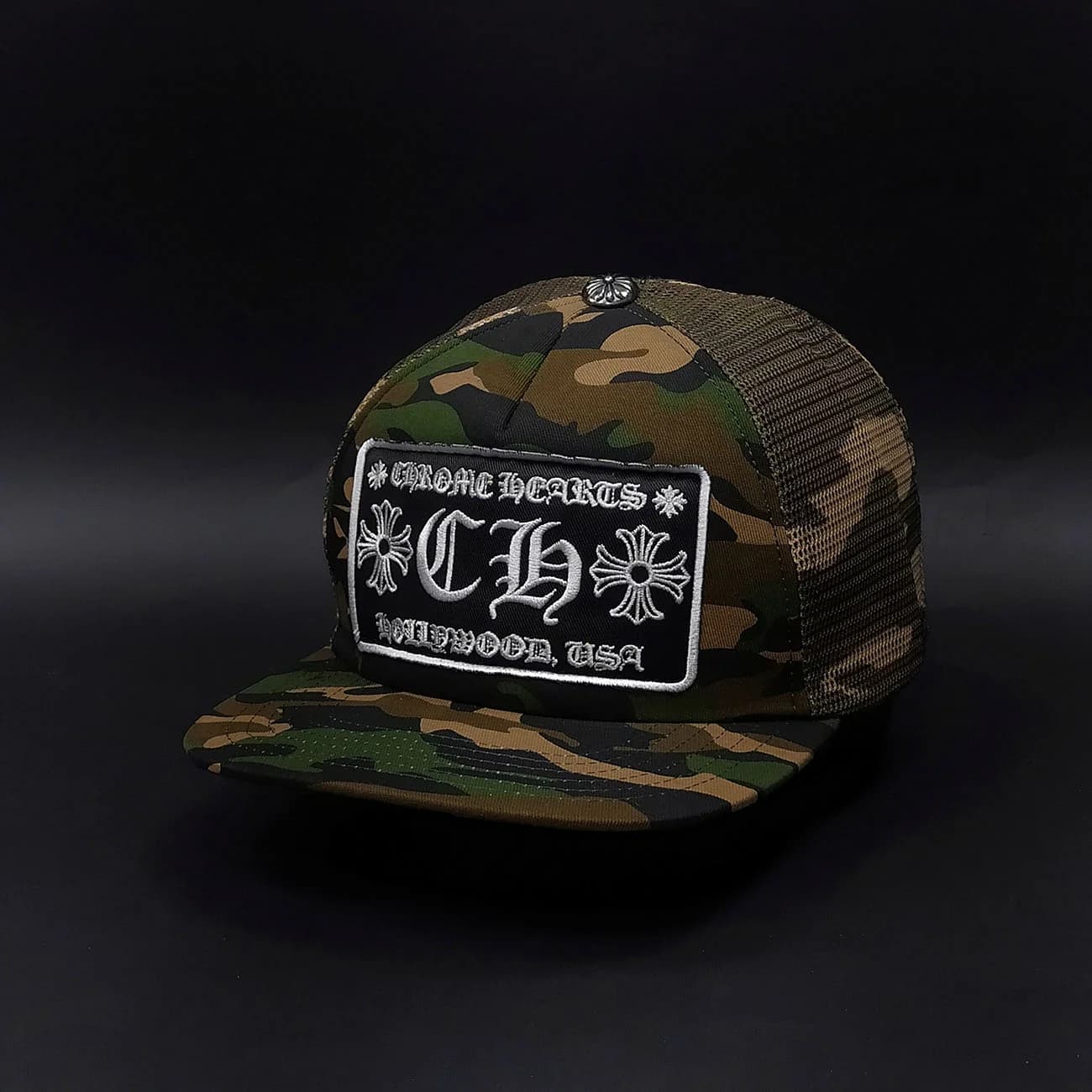 کلاه کپ اسنپ بک تراکر کروم هارتز طرح چریکی Camo Hollywood USA | کپ پشت توری با پچ گلدوزی CH