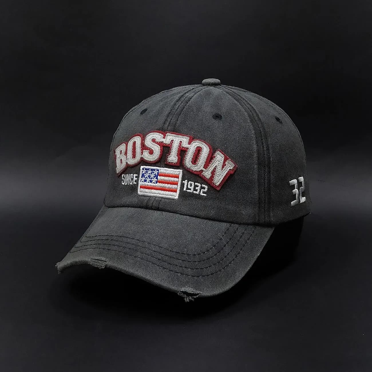 کلاه بیسبالی کتان سنگشور Boston | نخ پنبه، گلدوزی پرچم آمریکا و تکه‌دوزی برجسته — تصویر ۶