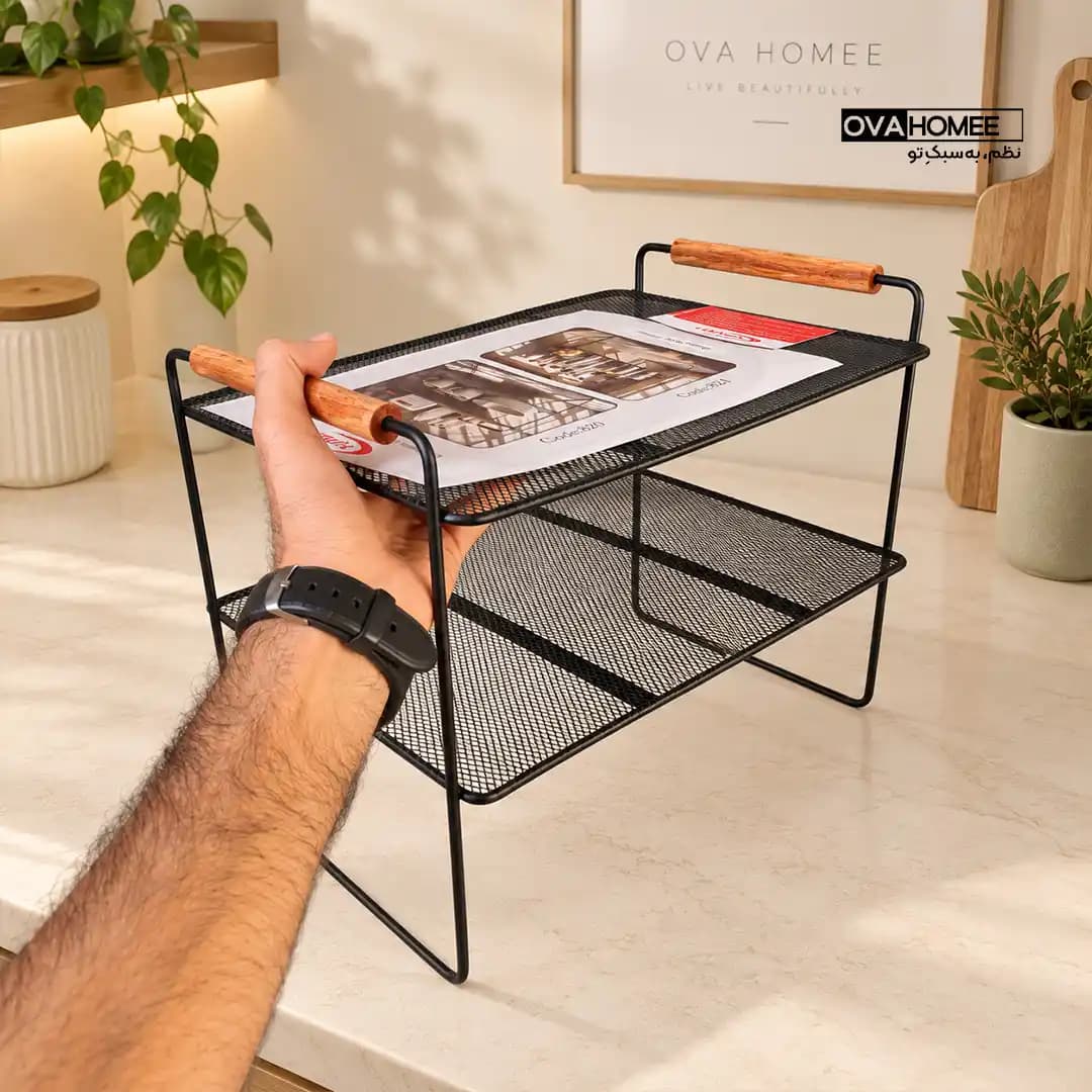 شلف داخل کابینت فلزی دسته چوبی مدل کف توری — تصویر ۵