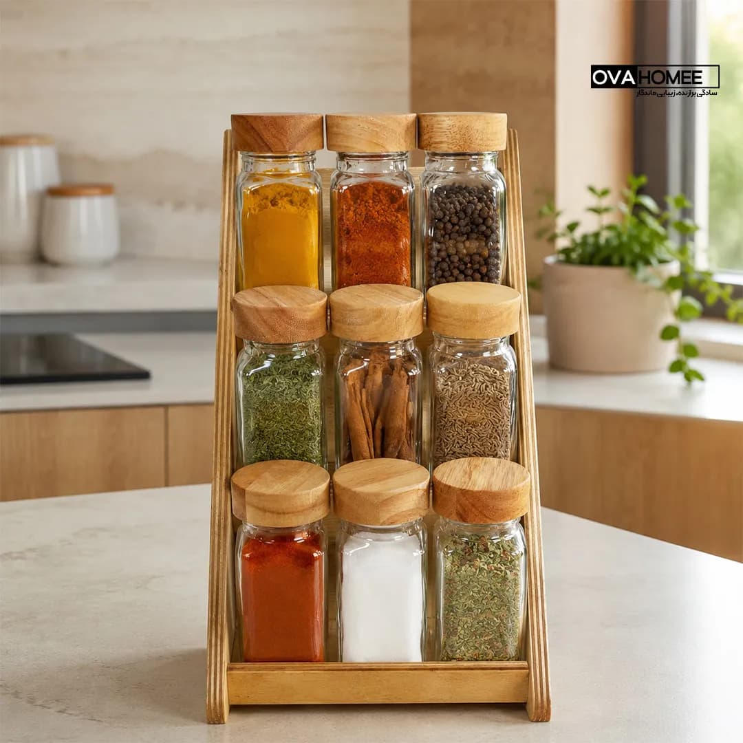 ست جا ادویه چوبی ۹ عددی مکارتی با استند چوبی دو حالته