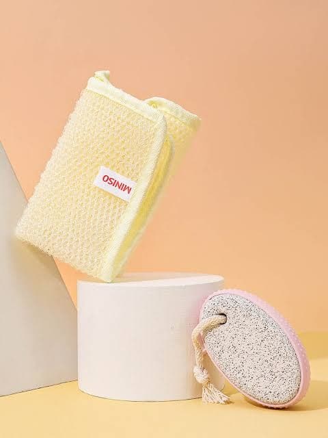 ست لیف و سنگ پا مینیسو، مدل Miniso cotton touch exfoliating wash cloth، بژ