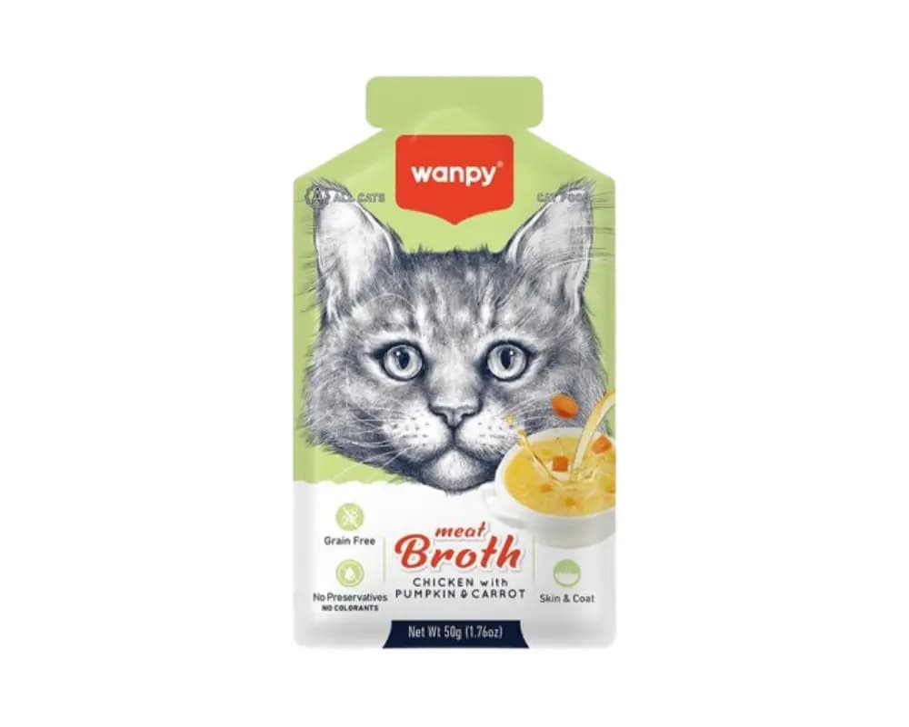 سوپ گربه ونپی طعم مرغ و کدوحلوایی Wanpy Chicken & Pumpkin Broth وزن ۵۰ گرم