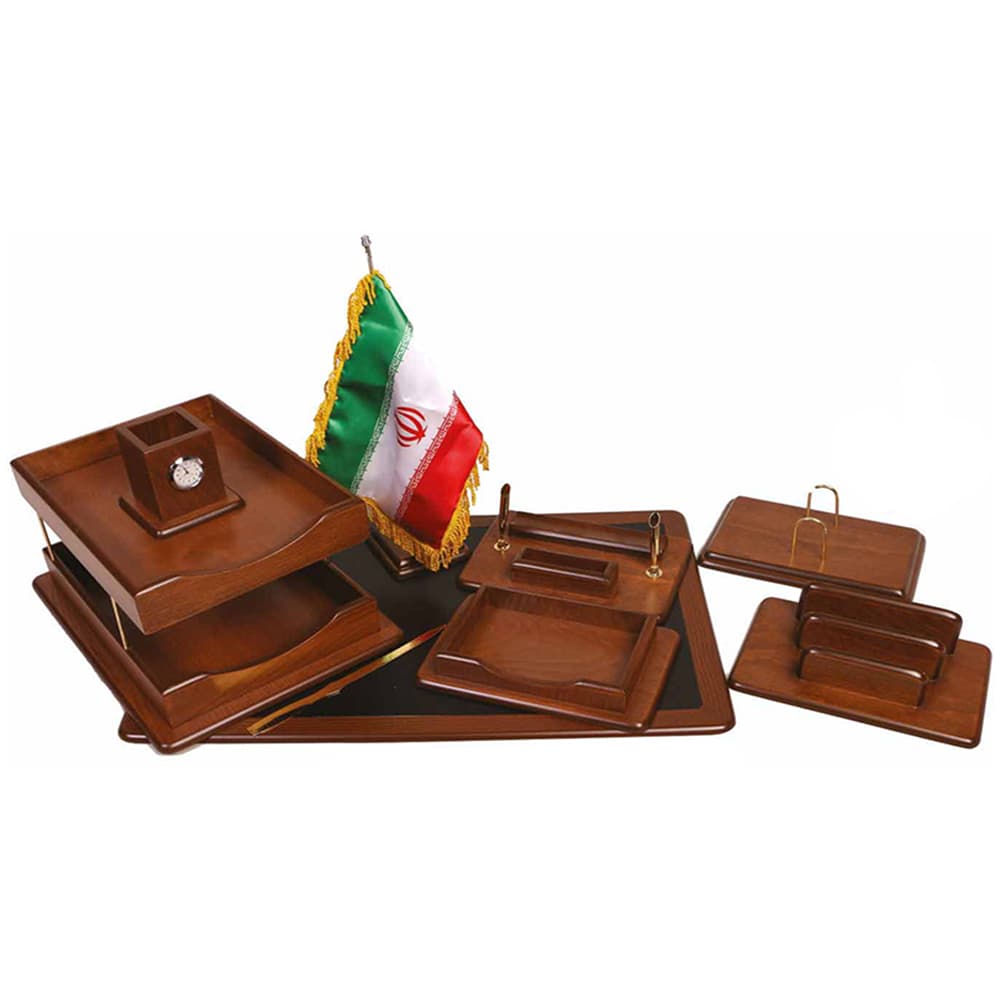 ست رومیزی اداری چوبی 9تکه چرمچوب کد185 قهوه ای