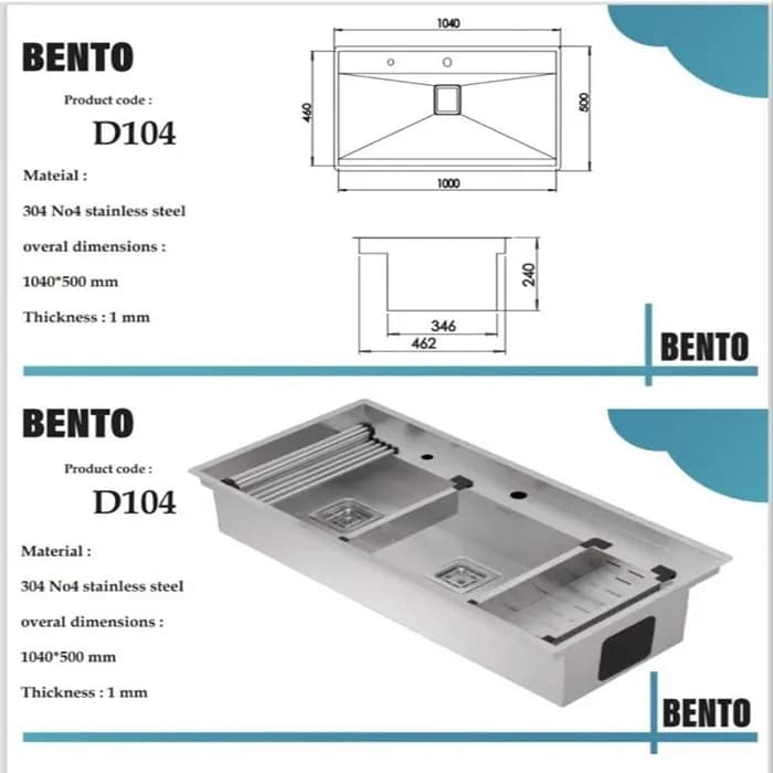 سینک ظرفشویی استیل باکسی بنتو Bento مدل D104 — تصویر ۵