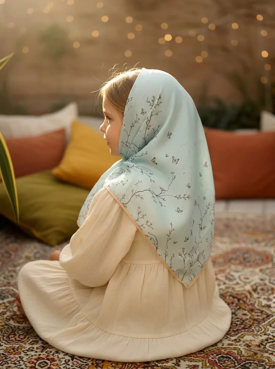 روسری نخی دخترانه طرح شکوفه رنگ آبی