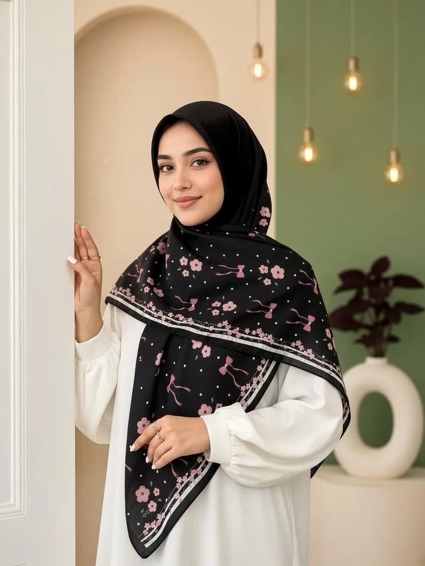 روسری نخی زنانه طرح گل و پاپیون مشکی
