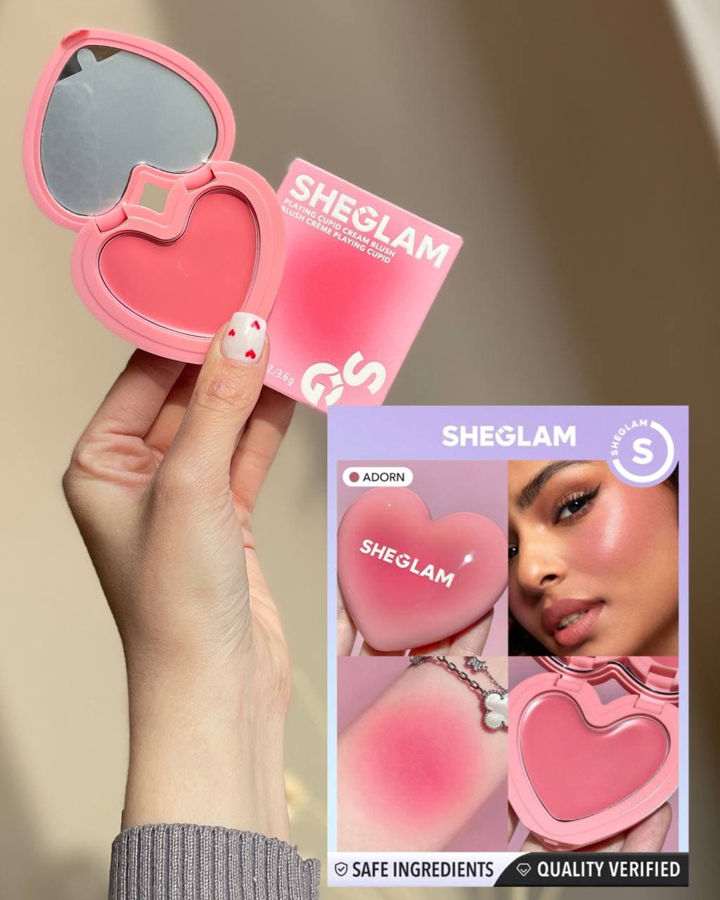 رژگونه کرمی قلبی شیگلم Sheglam مدل Playing Cupid | بافت کرمی و جلوه طبیعی — تصویر ۵