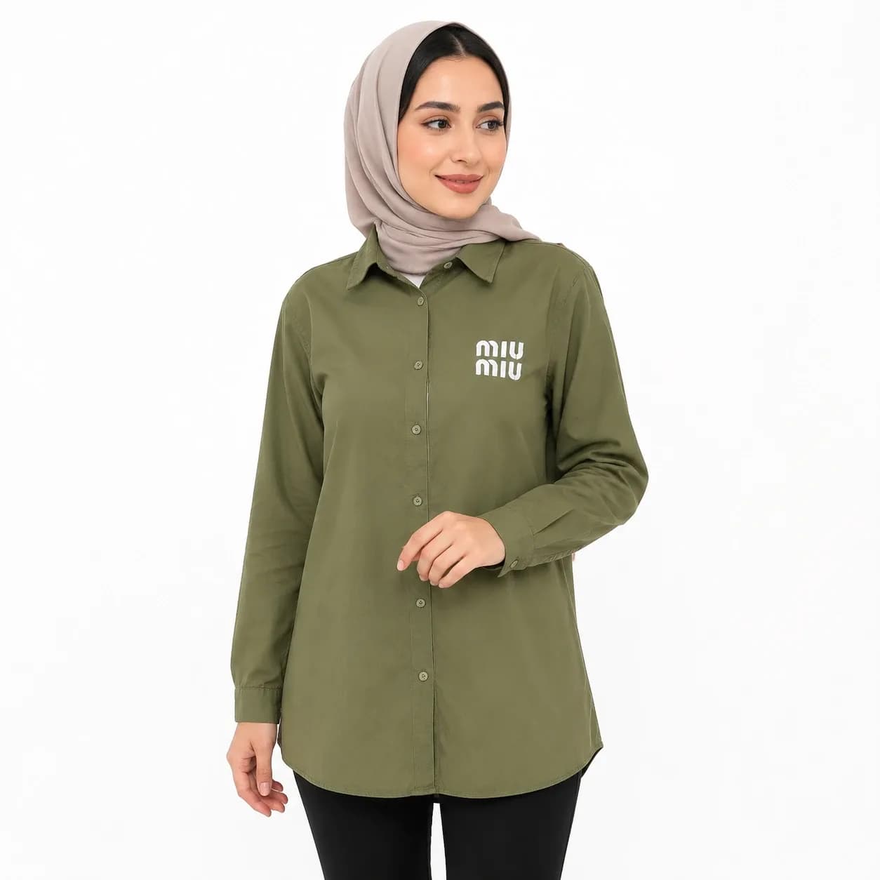 مانتو نخی زنانه طرح MIUMIU یقه انگلیسی سبز زیتونی