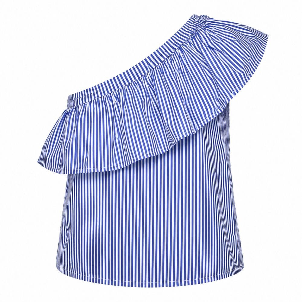 تاپ دکلته وارداتی گلدوزی و سنگ دوزی شده راه راه آبی سفید سایز 36 تا 42 کد 3243 — تصویر ۲