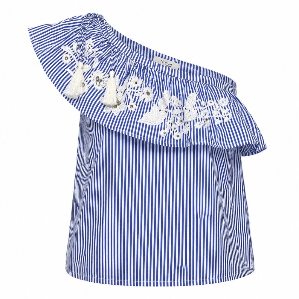تاپ دکلته وارداتی گلدوزی و سنگ دوزی شده راه راه آبی سفید سایز 36 تا 42 کد 3243
