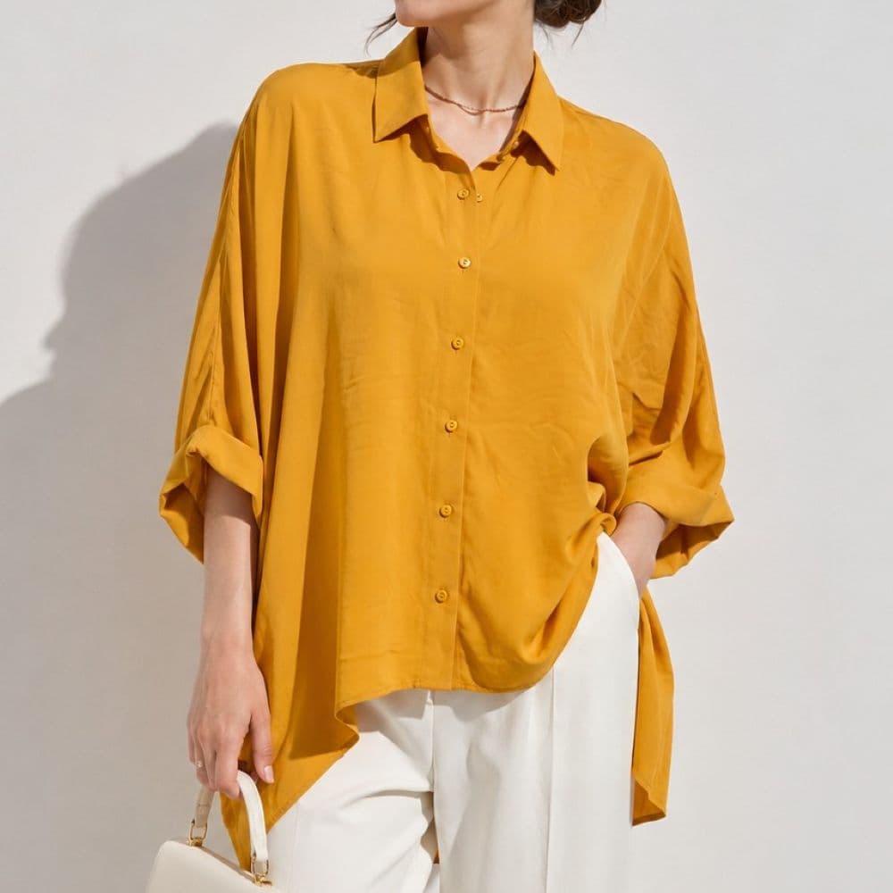 شومیز پانچو اورسایز خردلی خارجی برند Zara وارداتی سایز 42 تا 54 کد 3226 — تصویر ۳