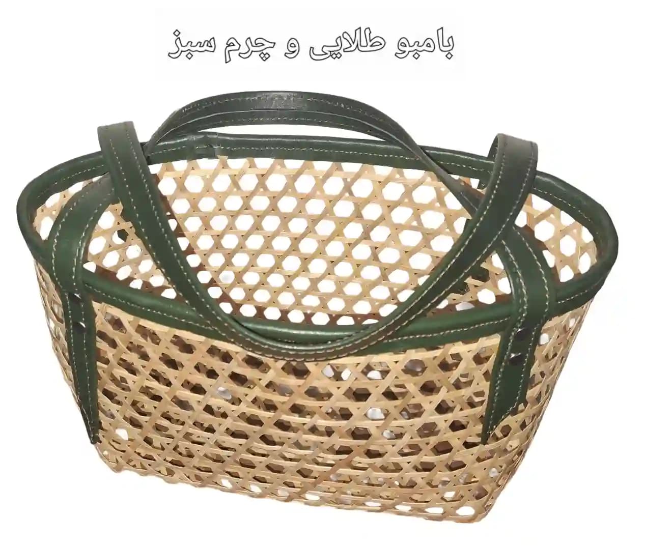 ساک خرید حصیری بامبو کوچک ترکیب با چرم طبیعی کد ۱۰7