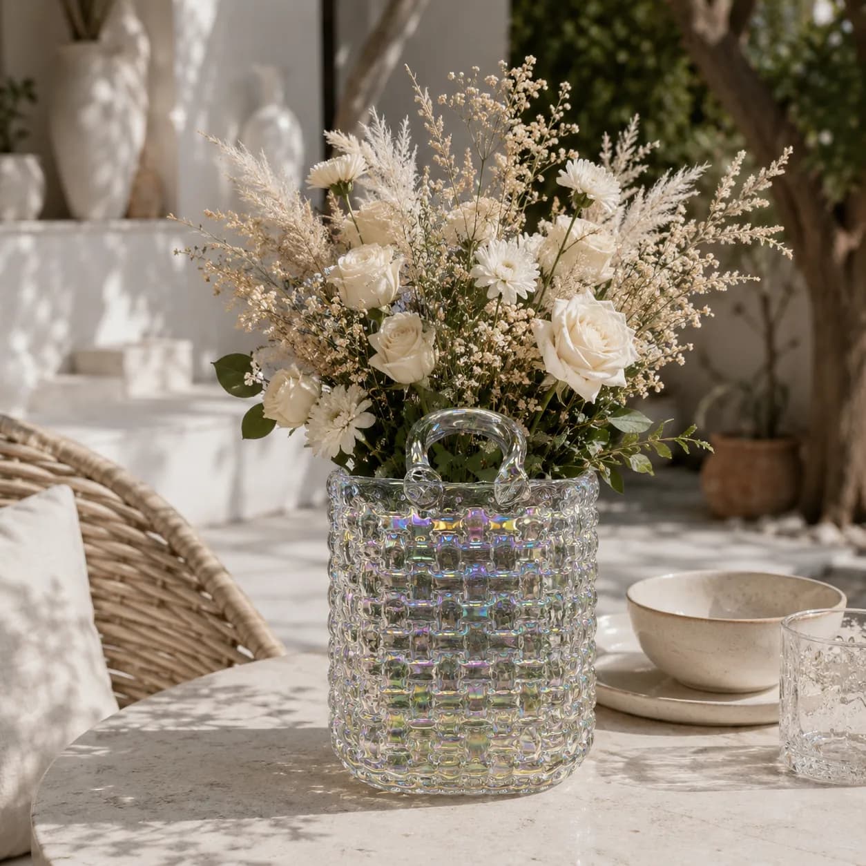 گلدان شیشه ای دکوری مدل کیف حصیری صنایع دستی