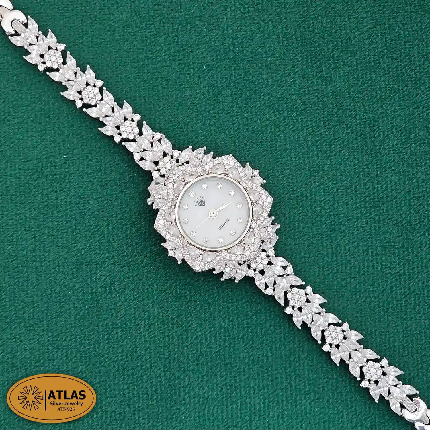 ساعت نقره زنانه مجلسی با نگین های برلیان و مارکیز 29.9 گرمی نقره اصل 925