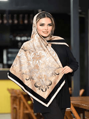 روسری ابریشم توییل سایز ۱۲۰مشکی اسلیمی با حاشیه سفید کد SC49-1 — تصویر ۴