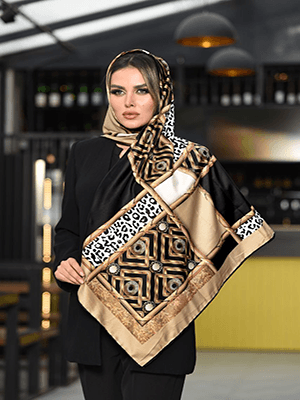 روسری ابریشم توییل سایز ۱۲۰ مشکی و کرم طلایی چهارخانه ساده، پلنگی و لوزی کد SC64-1