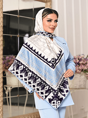 روسری نخی سایز ۱۲۰ سفید پتینه با حاشیه مشکی و طوسی کد SC68 — تصویر ۵