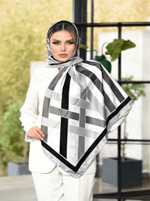 روسری نخی سایز ۱۲۰ سفید با نوار پهن صورتی با حاشیه طوسی و صورتی روشن کد SC58 — تصویر ۲