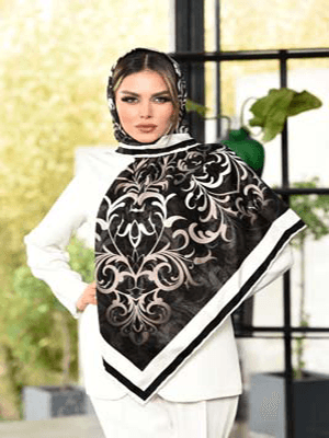 روسری نخی سایز ۱۲۰مشکی اسلیمی با حاشیه سفید کد SC49