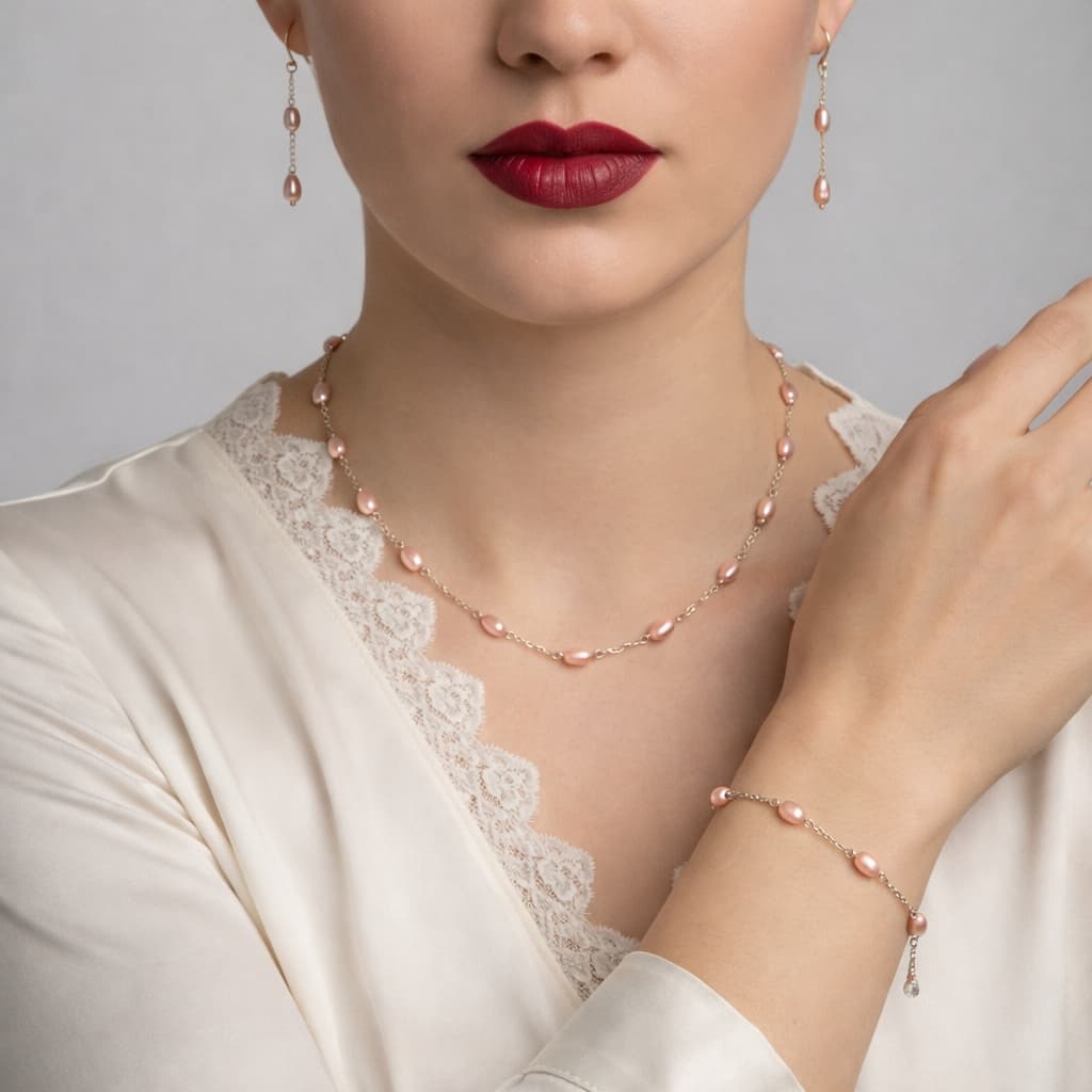 سرویس زنانه مروارید پرورشی با زنجیر و متریال نقره ۹۲۵ ایتالیایی ایلین لند