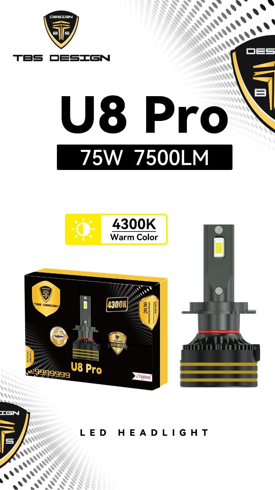 هدلایت لامپ خودرو تی بی اس دیزاین مدل U8 pro رنگ آفتابی نچرال (آپگرید T43pro) پایه H4 بسته دو عددی