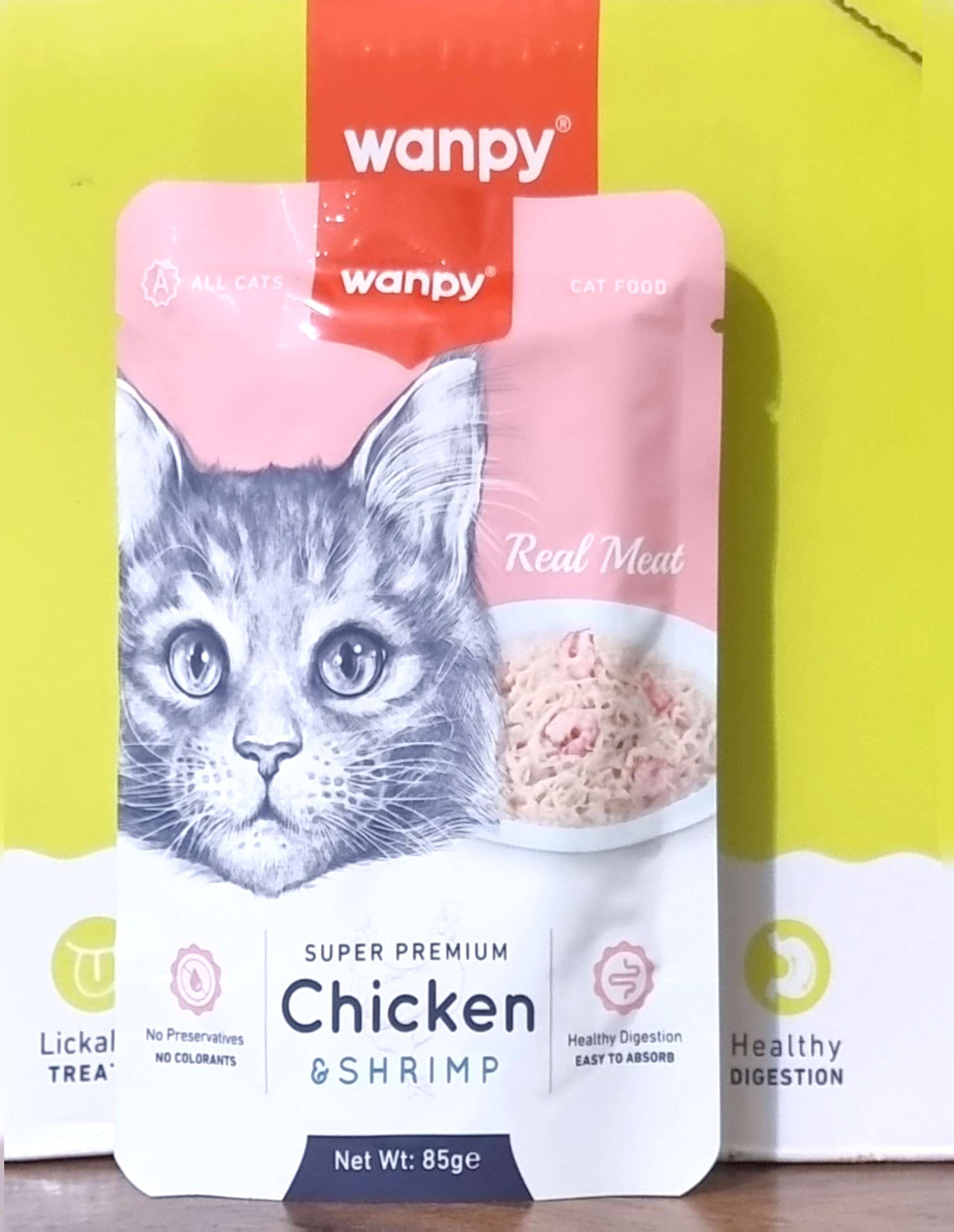 پوچ ۸۵ گرمی wanpy با طعم مرغ و میگو super premium گربه