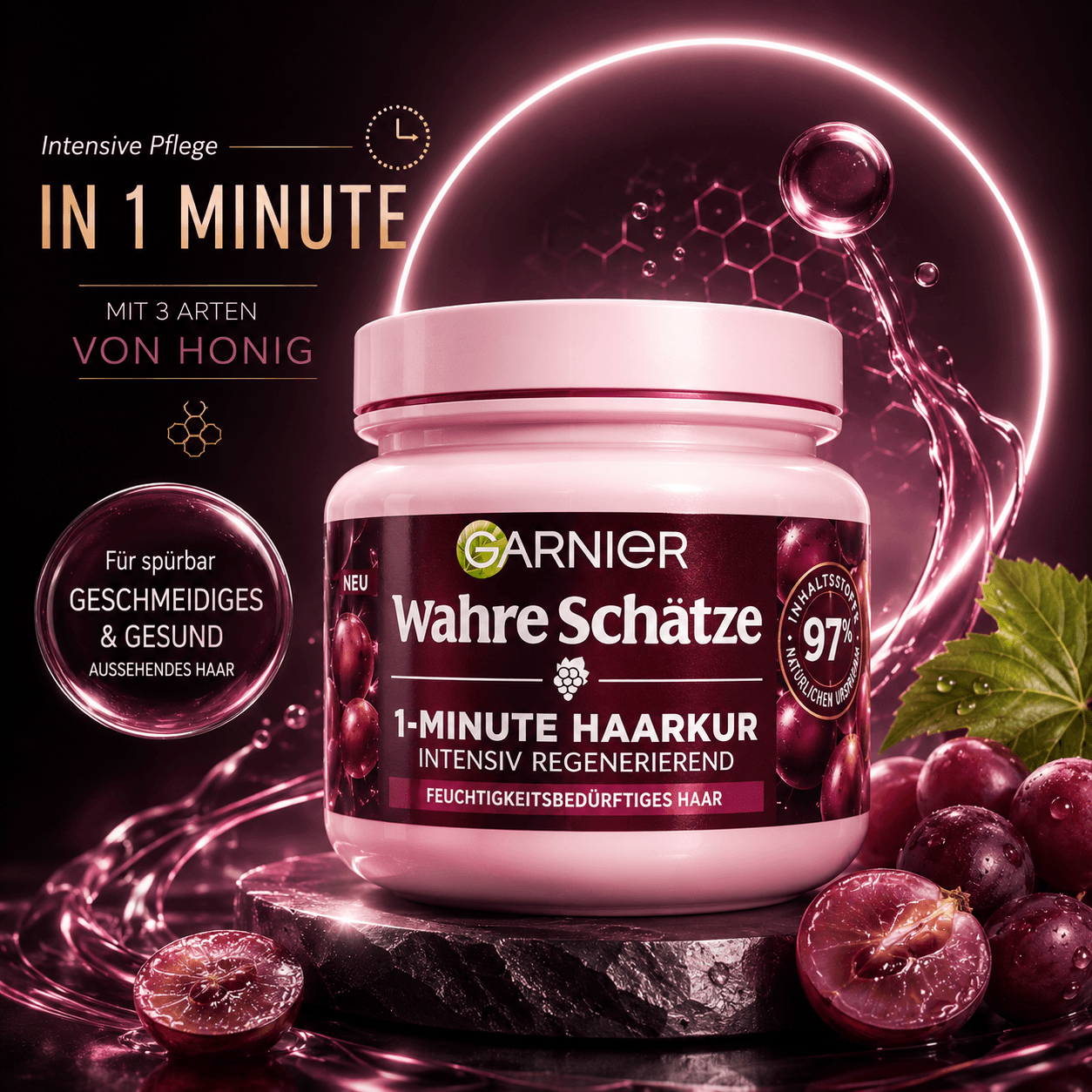 ماسک مو گارنیر Wahre Schätze مدل انگور و ۳ نوع عسل 1-Minute Hair Mask اورجینال آلمان
