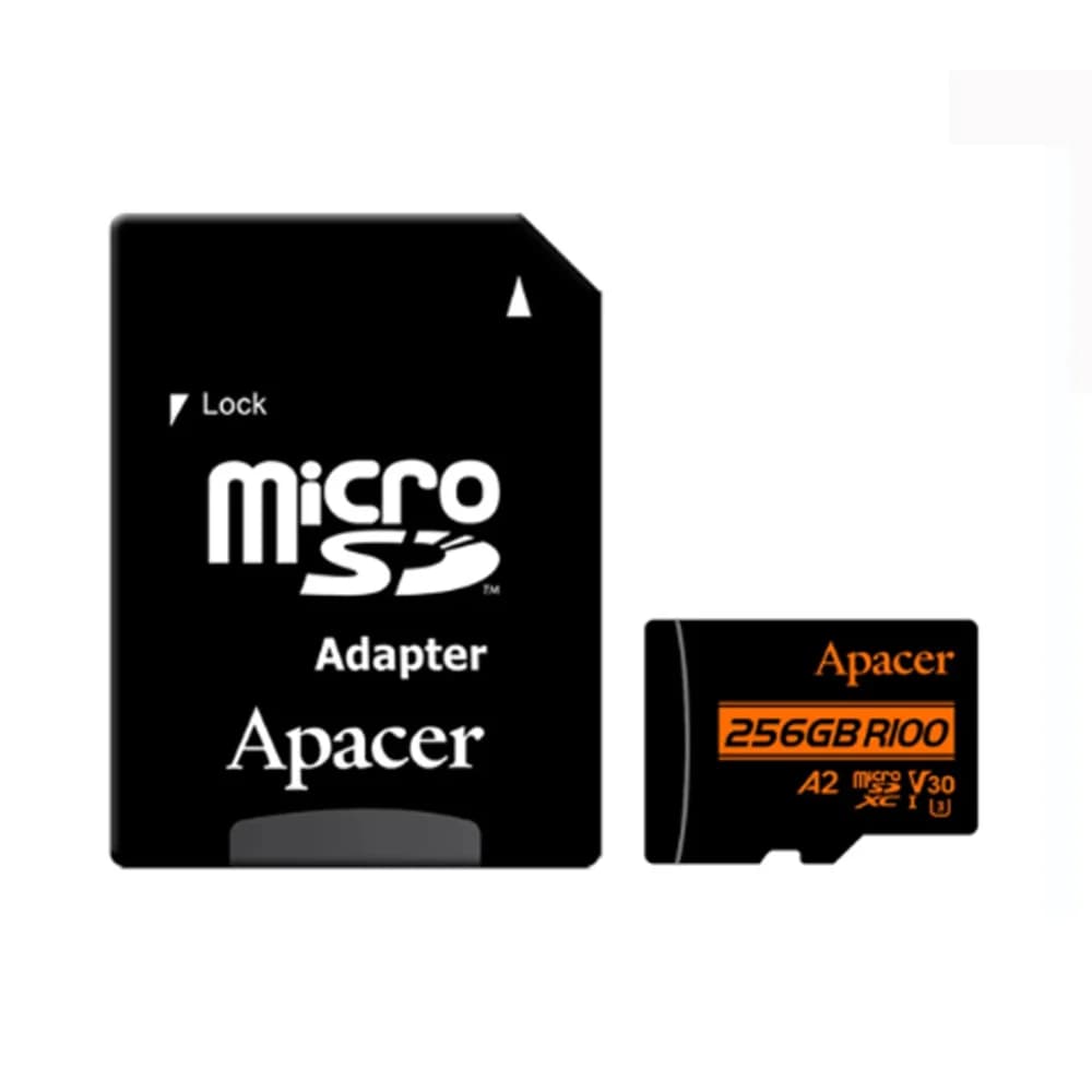کارت حافظه میکرو اس دی 256 گیگابایت اپیسر مدل Apacer MicroSD XC CL10 U3 UHS l V30 A2 W/1 100/80 به همراه آداپتور با گارانتی 60 ماهه شرکتی