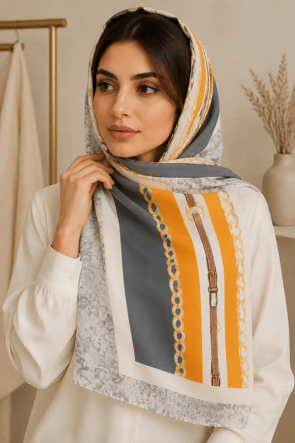 شال زنانه طرح زنجیر طلایی — تصویر ۴