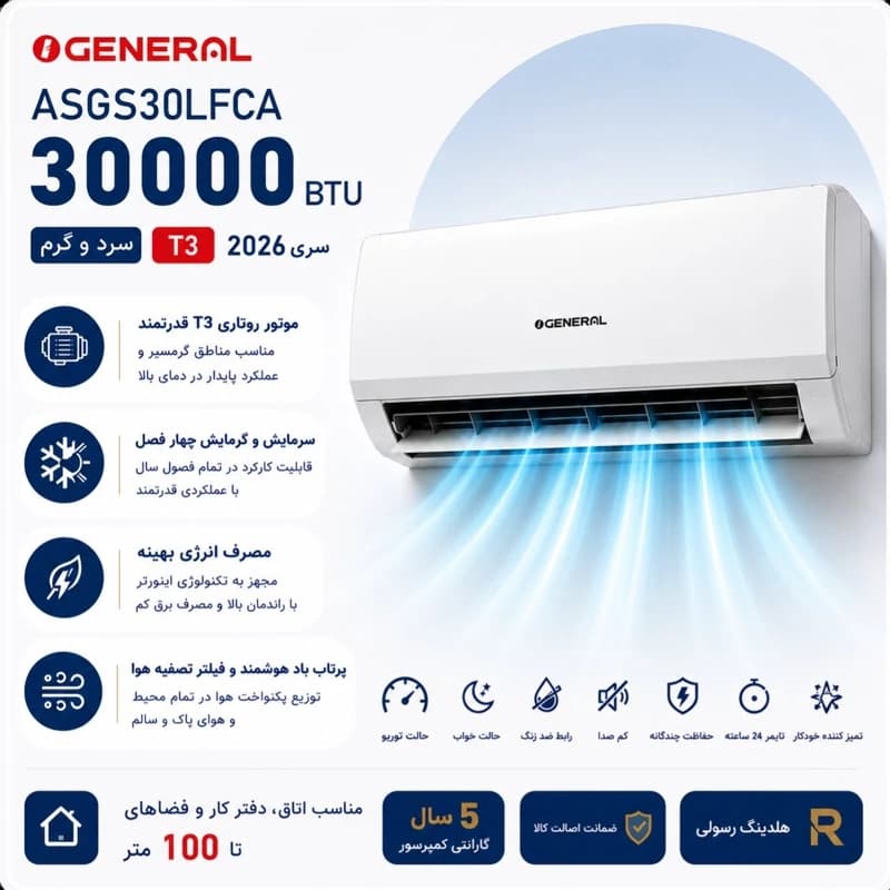 کولر گازی اوجنرال 30 هزار مدل ASGS30LFCA | قدرت و هوشمندی در کنار شما