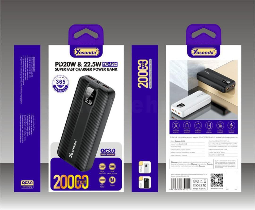 پاوربانک Yosonda مدل A202 | ظرفیت 20000mAh با فست شارژ PD