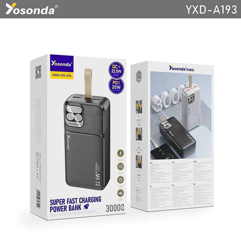 پاوربانک Yosonda مدل A193 با ظرفیت 30000mAh – فست شارژ با کیفیت عالی