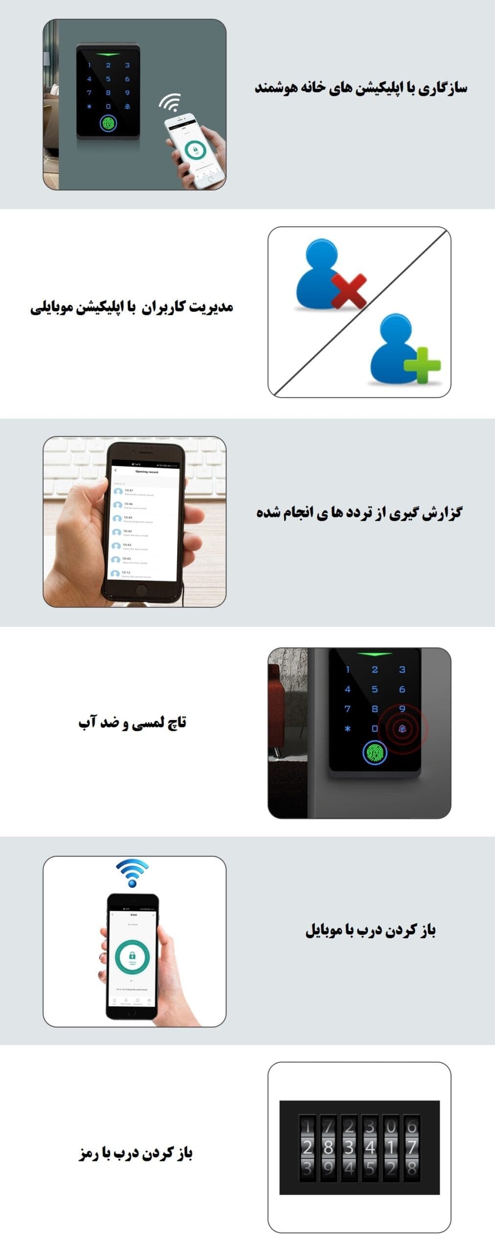 دربازکن اثرانگشتی-کارتی-رمزی وموبایلی 12ولت لمسیG4(مدیریت کاربران با موبایل) — تصویر ۷