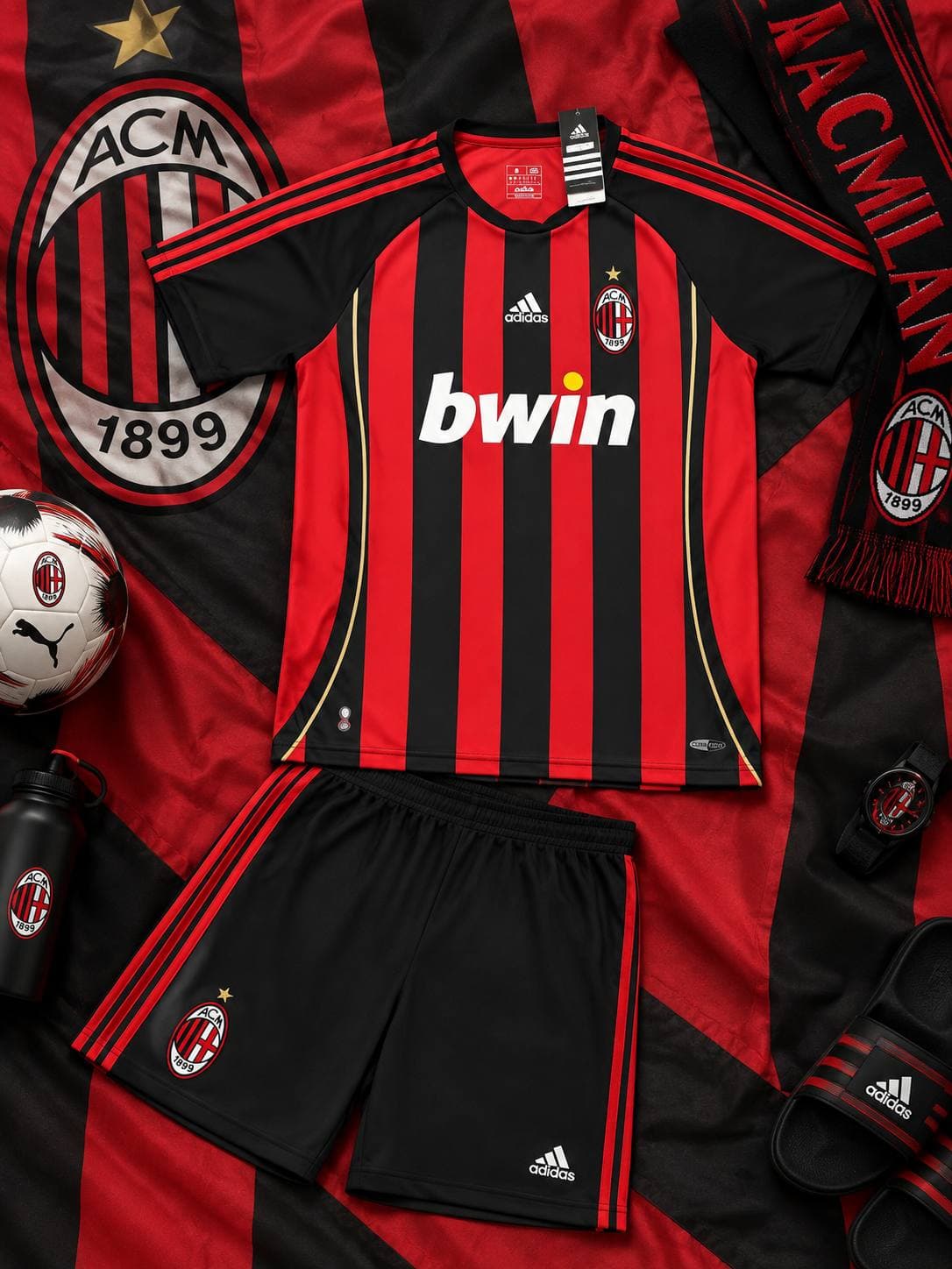 کیت تیشرت با شورت نوستالژی هواداری تیم میلان ایتالیا 2007رنگ راه راه مشکی قرمز تایلندی A++ Ac Milan