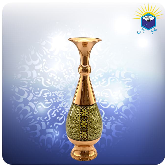 گلدان صراحی مس و خاتم‌کاری شالدار ۳۰ سانتی‌متری