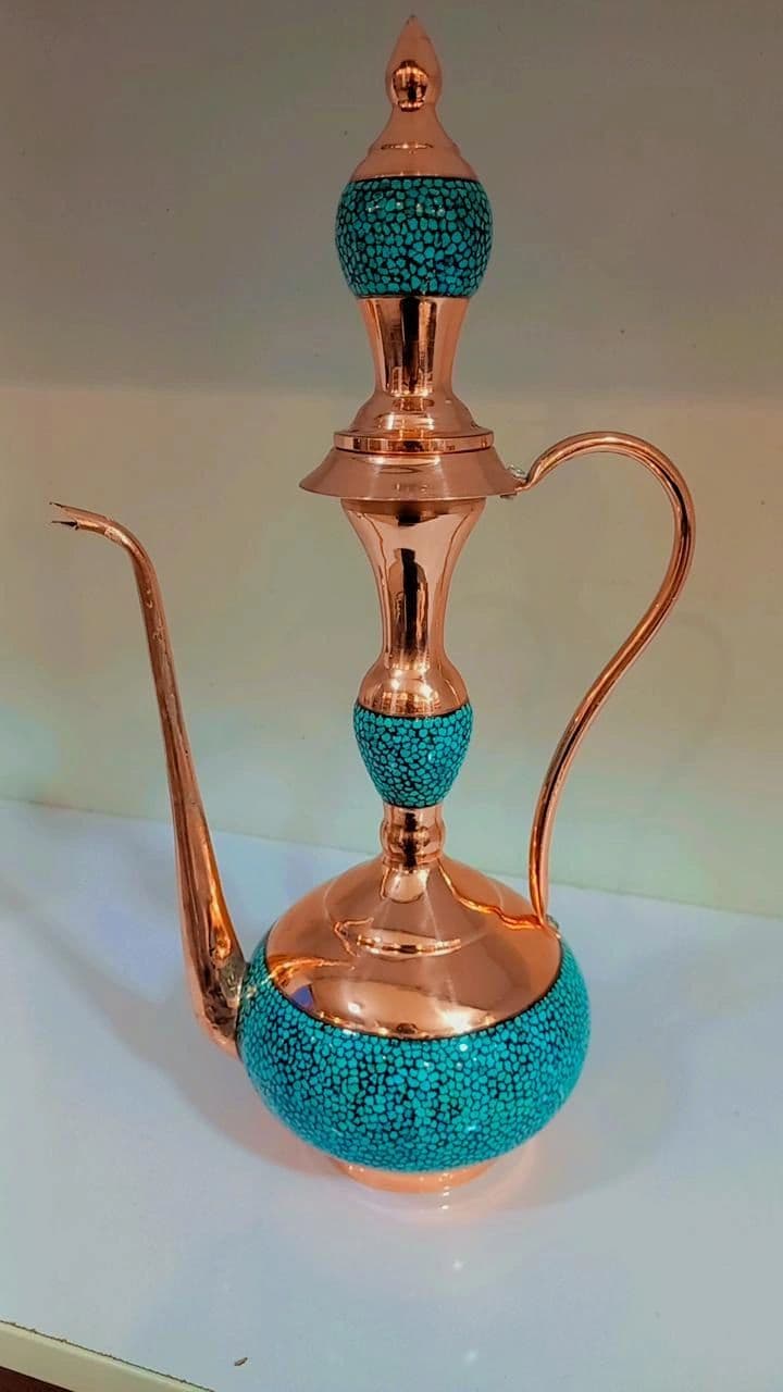 گلاب پاش مسی فیروزه‌کوبی‌ شده _ ارتفاع 28 سانتی‌متر ✨ — تصویر ۲
