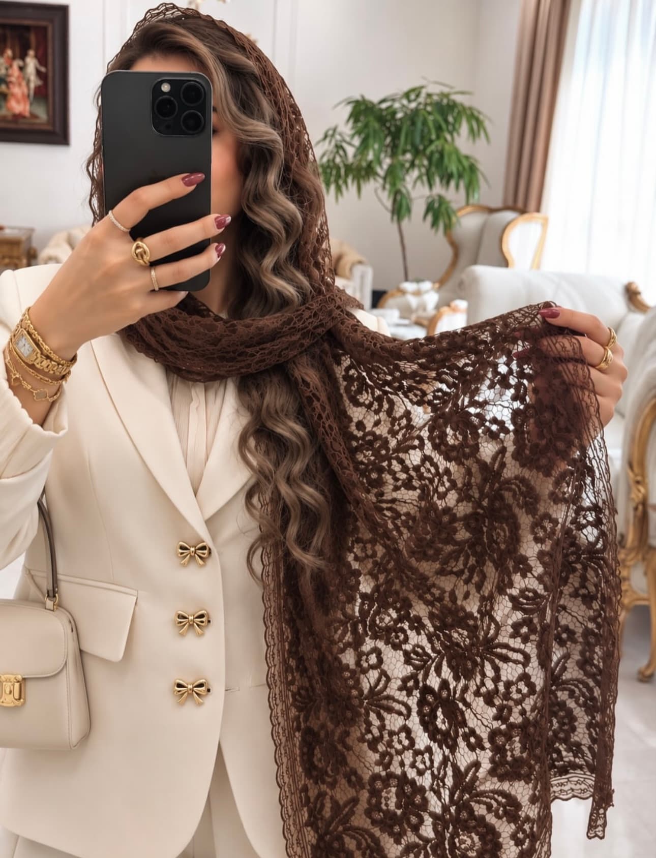 شال مجلسی گیپور گل مخمل لبه تور دانتل( قهوه ای)