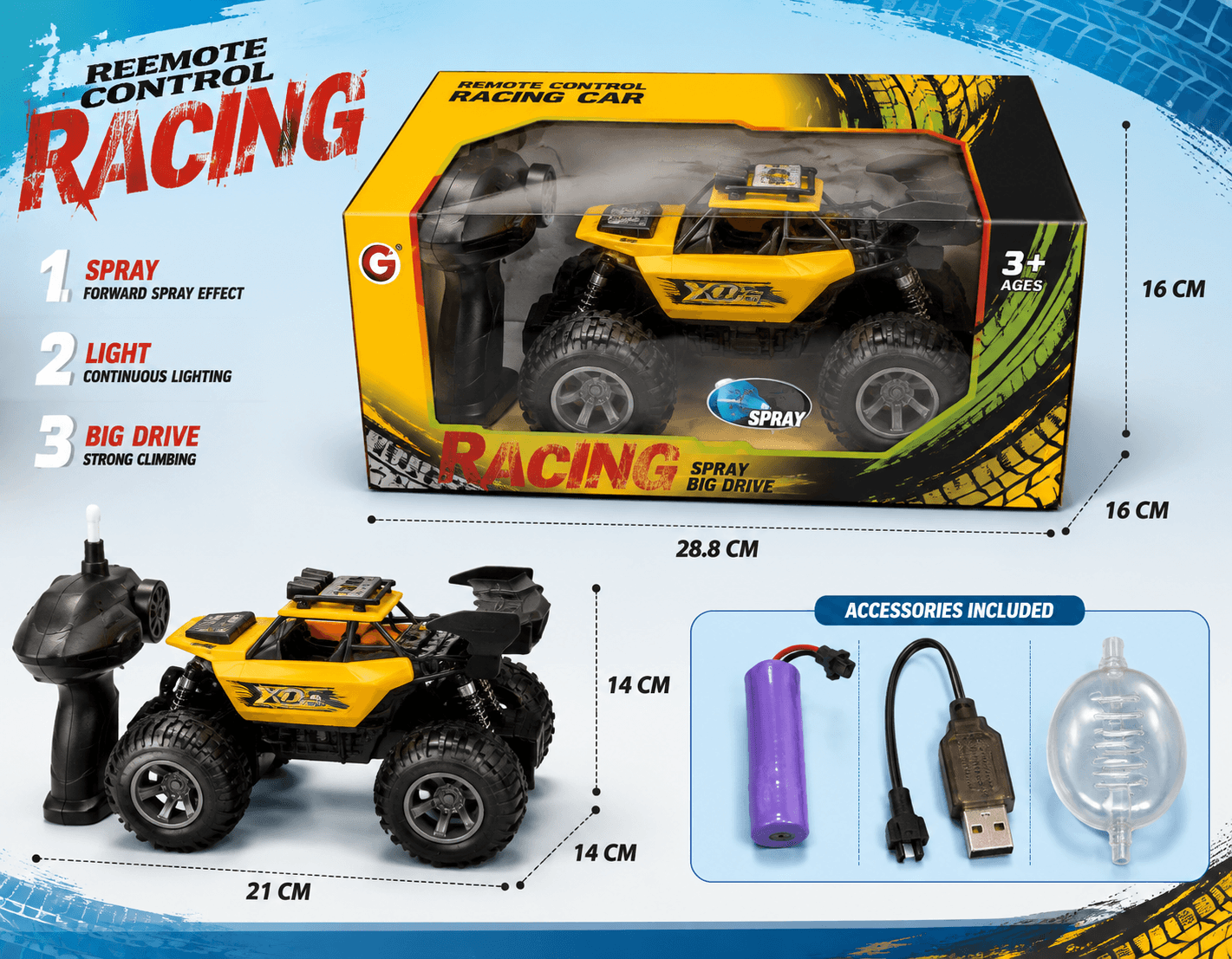 ماشین کنترلی آفرود دودزا شارژی زرد مدل Racing Spray RC Car