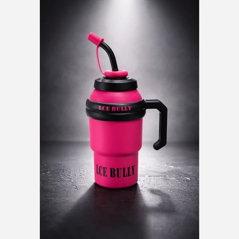 قمقمه استیل Ice Bully تک رنگ صورتی قمقمه ورزشی دسته دار با نی سیلیکونی